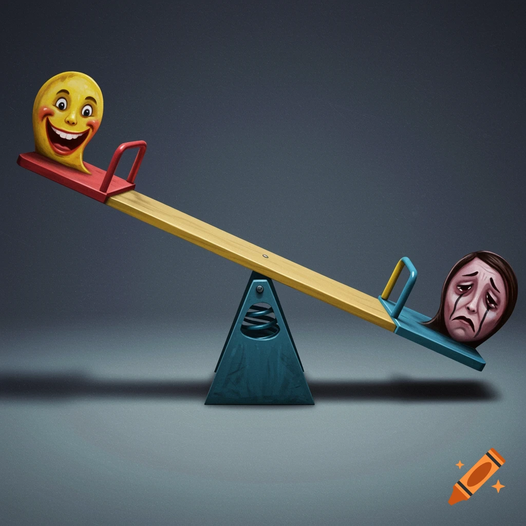 A surreal image of a seesaw with a large happy face on one end and a large sad face on the other, symbolizing contrasting emotions.