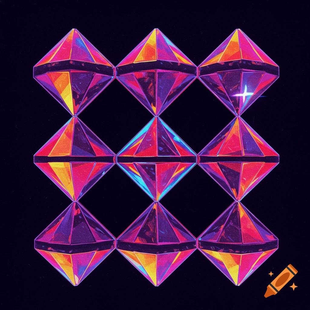 A grid of nine vibrant, faceted diamond shapes on a black background, digitally painted.