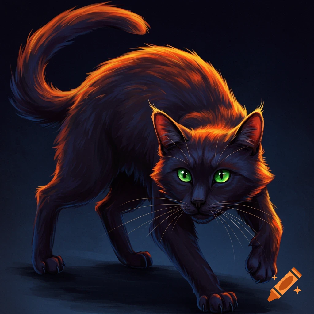 A black cat with orange highlights and green eyes in a stalking pose.