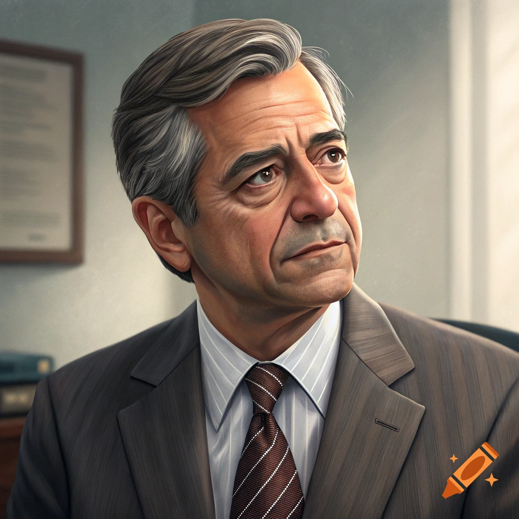 Portrait of a man in a suit and tie looking upwards, in an office.