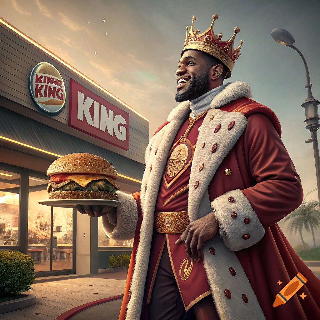 LeBron James as a king holding a burger in front of a restaurant.
