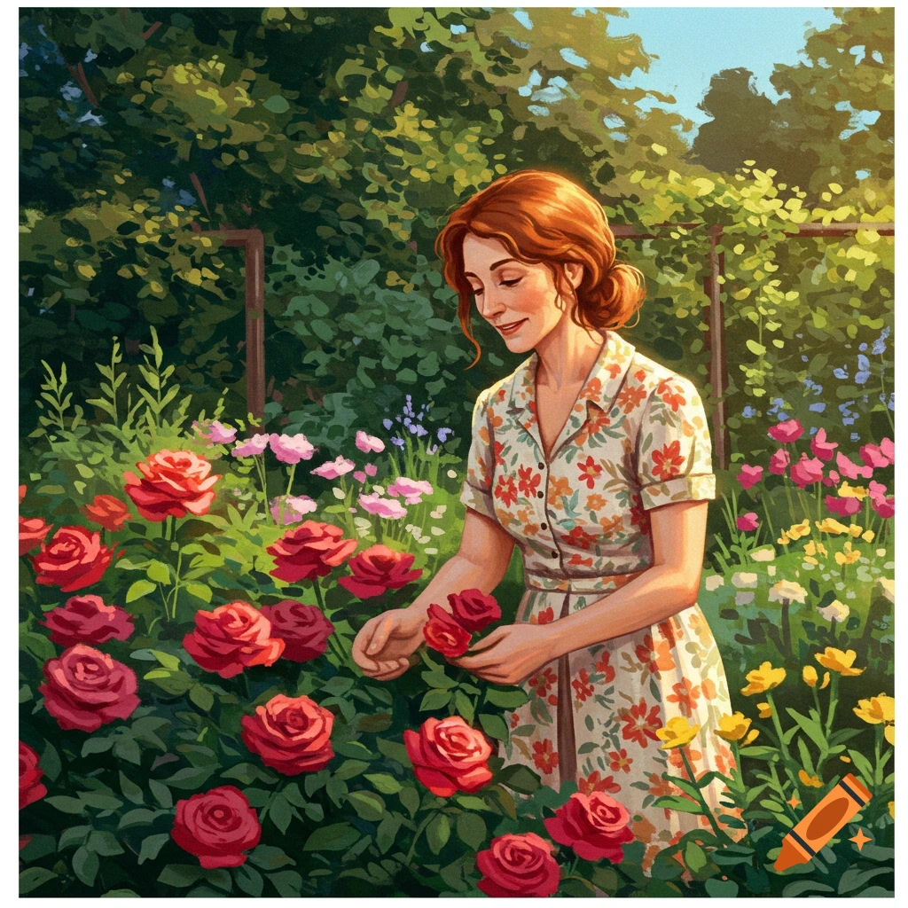 A woman tending red roses in a sunny garden.