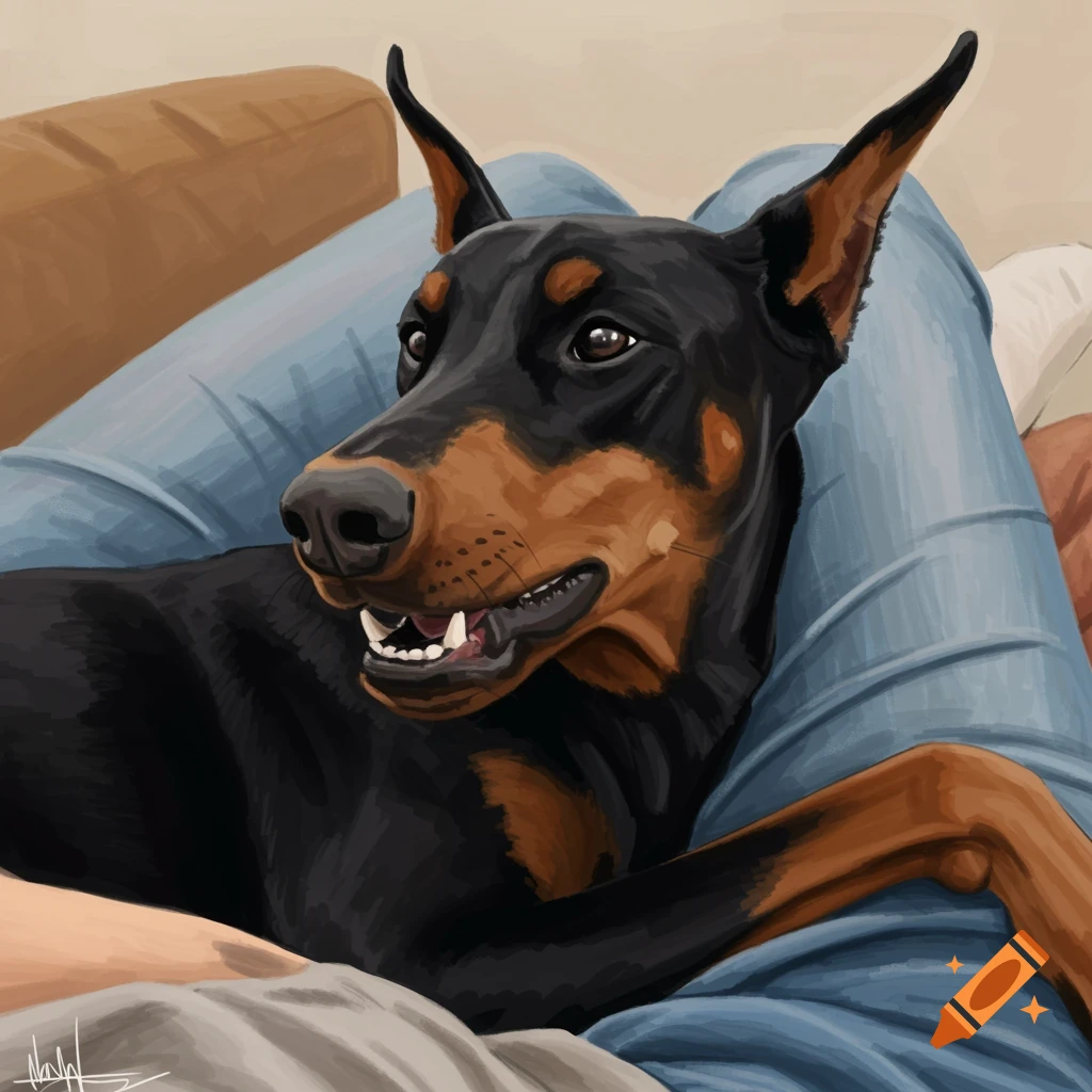 A Doberman Pinscher dog is sitting on a person's lap.