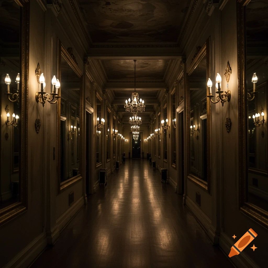 A long, dimly lit hotel hallway lined with mirrors, chandeliers, and wall sconces.