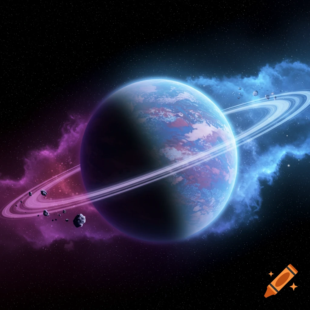 A ringed exoplanet with swirling nebulae and stars.
