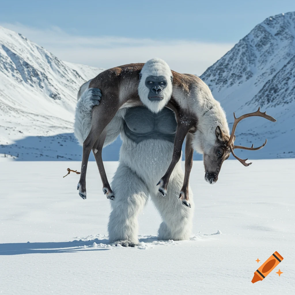 Photorealistic image of a yeti-like creature carrying a reindeer in a snowy mountain landscape.