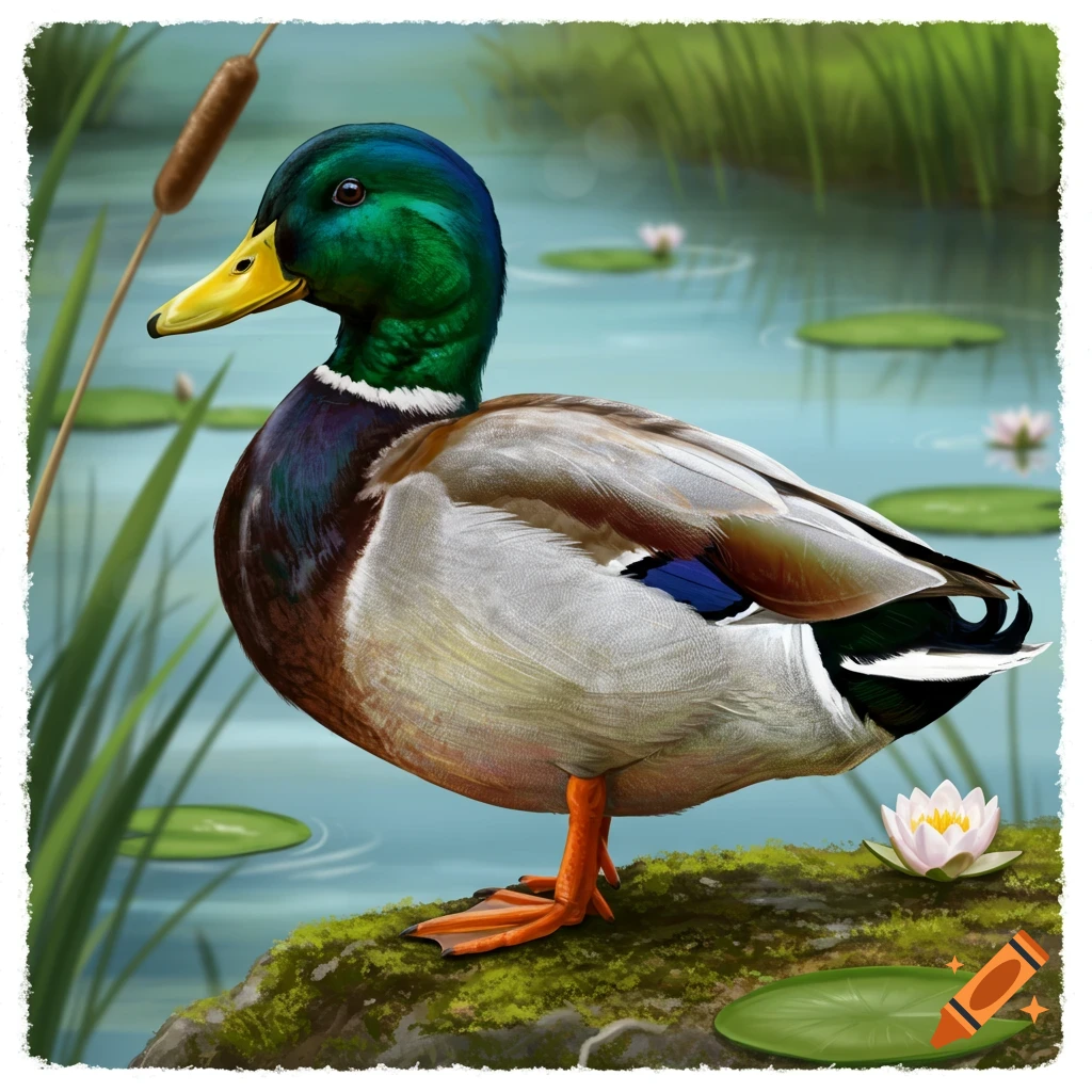 A mallard duck stands on a rock by a pond with lily pads.