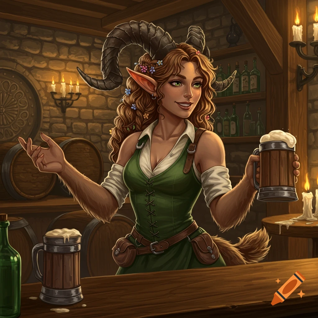Fantasy art of a female faun bartender holding a mug of beer in a tavern.