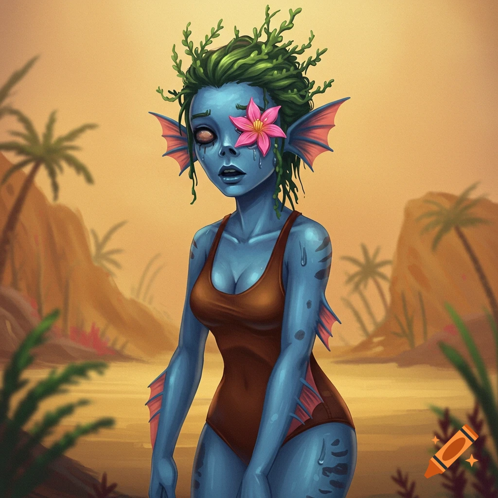 A blue-skinned female creature with fins and algae hair wearing a swimsuit in a tropical oasis, digital art.