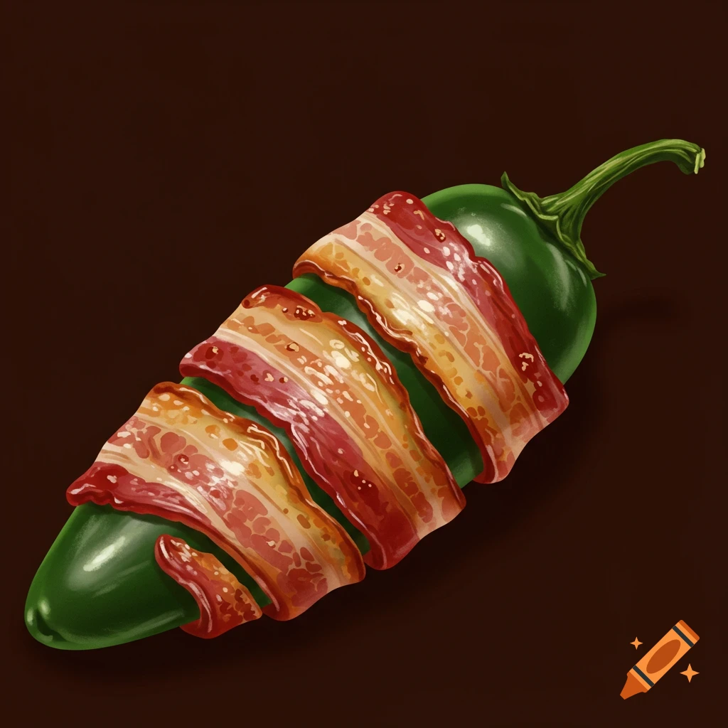 A bacon-wrapped jalapeno pepper on a dark background.