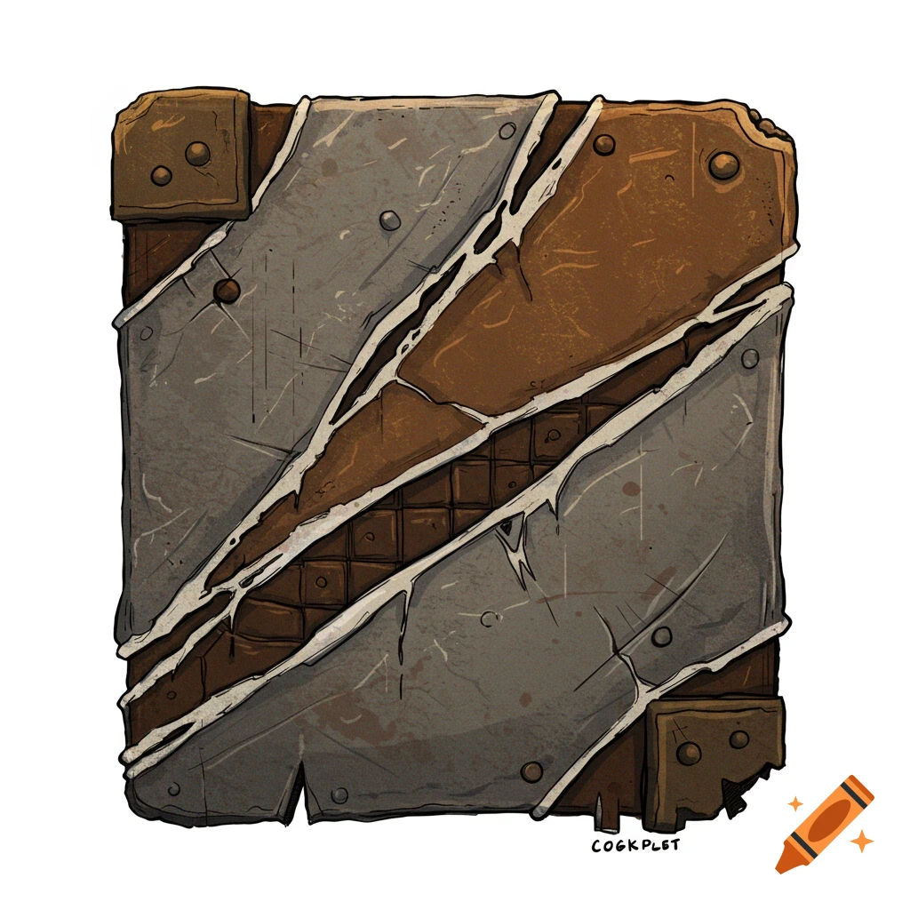 A damaged metallic object with brown and gray sections and rivets.