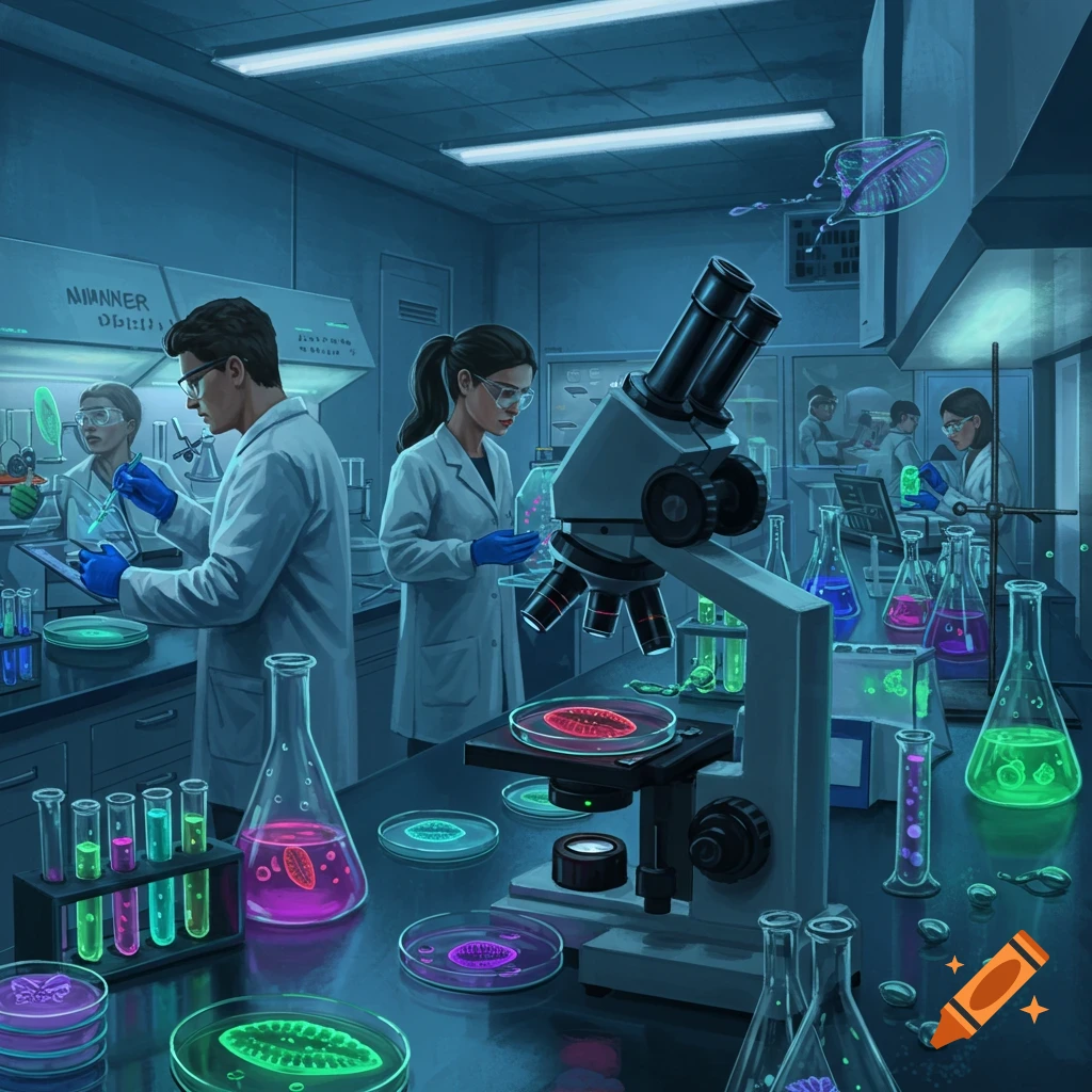 Scientists working in a high-tech lab with glowing petri dishes, test tubes, and microscopes.