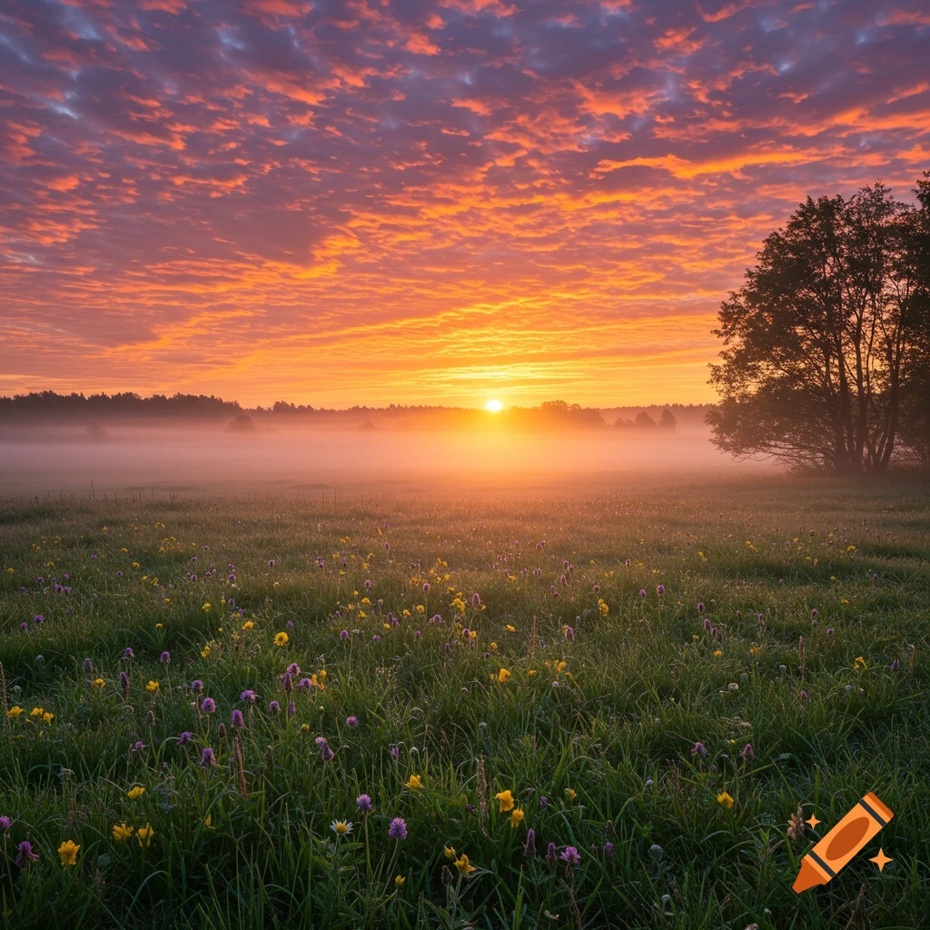 Misty field with wildflowers bathed in the warm light of a colorful sunrise.