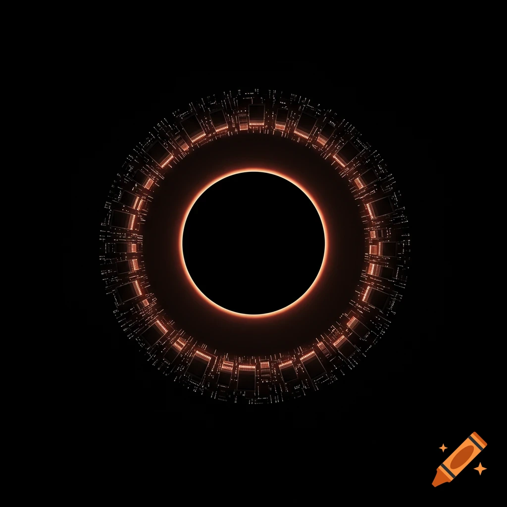 Abstract glowing orange ring structure around a black circle on a black background.