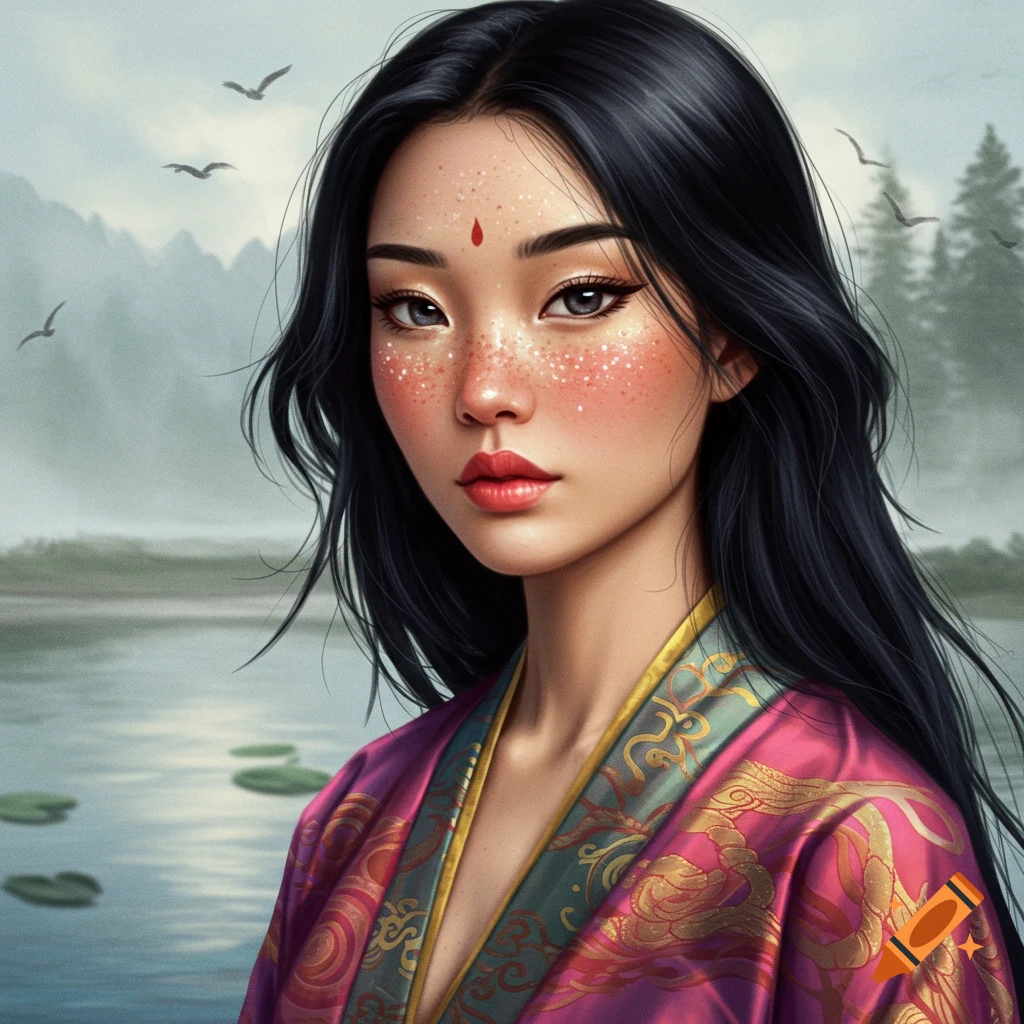 A beautiful woman with black hair and freckles wearing traditional clothing, by a lake