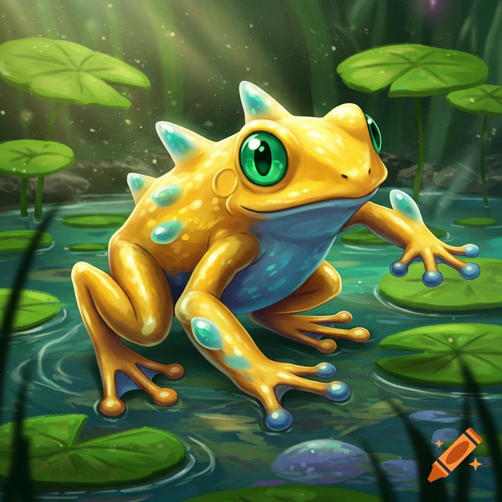 Golden spiked frog with blue markings sitting on a lily pad in a pond.