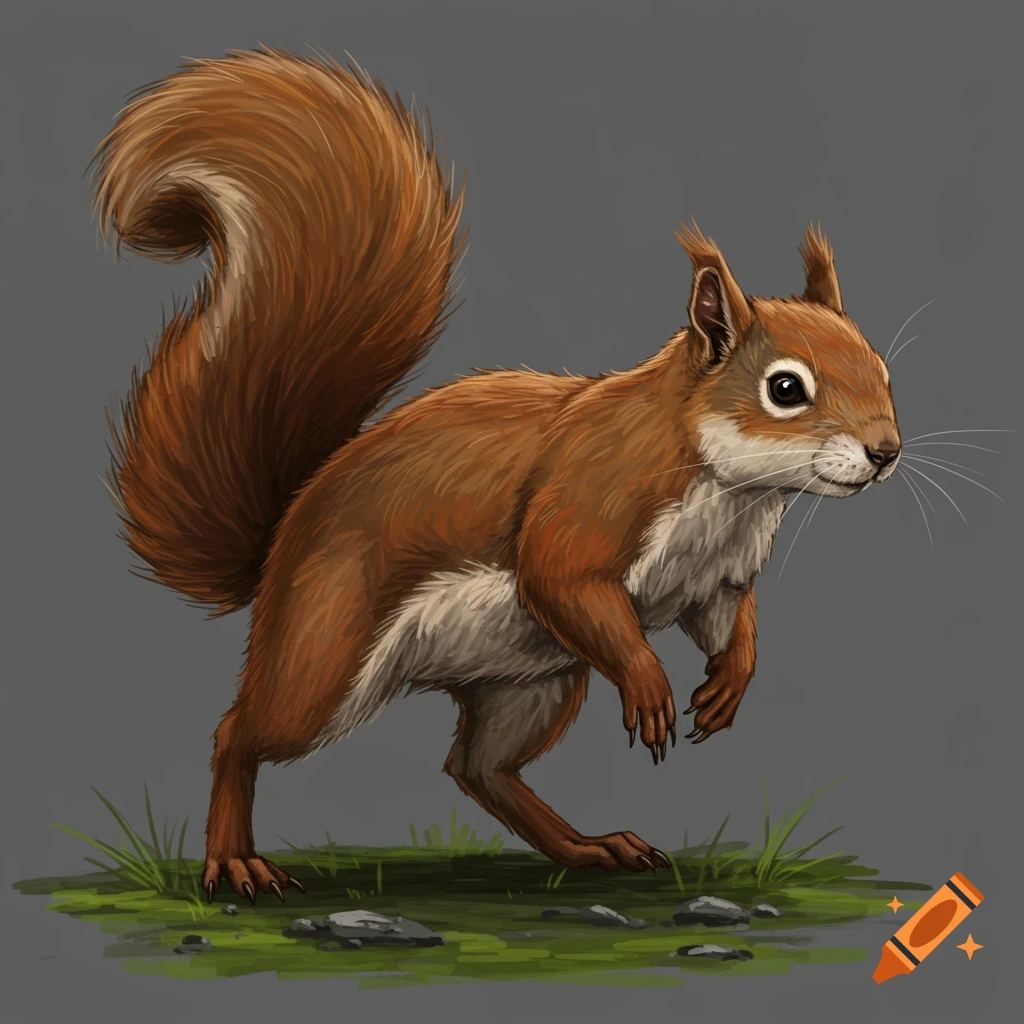 A squirrel-like creature with wolf paws and a bushy tail standing on grass and rocks.