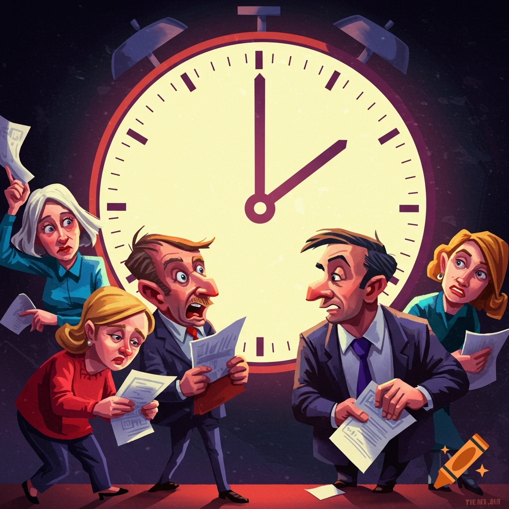 Stressed cartoon people holding papers in front of a large clock.