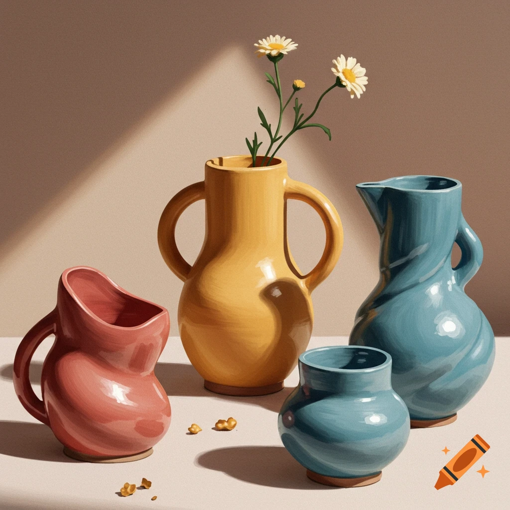 Four colorful abstract vases, one holding flowers.