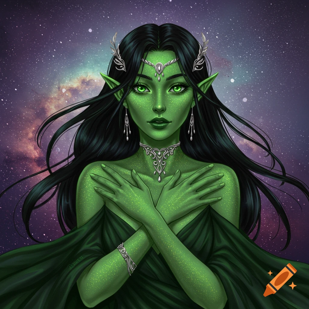 A green-skinned woman with pointed ears and jewelry is pictured against a starry background.