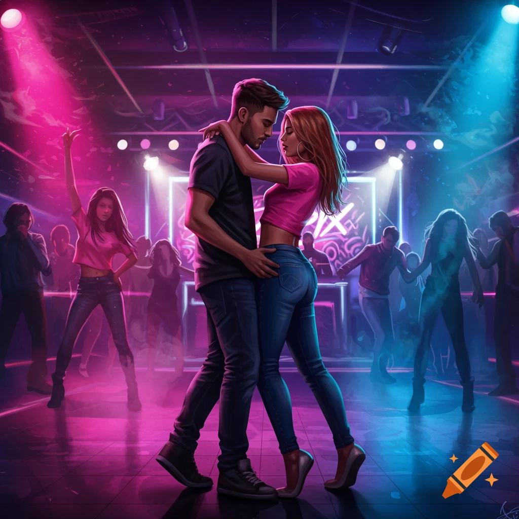 A couple dancing closely in a nightclub with neon lights and background dancers