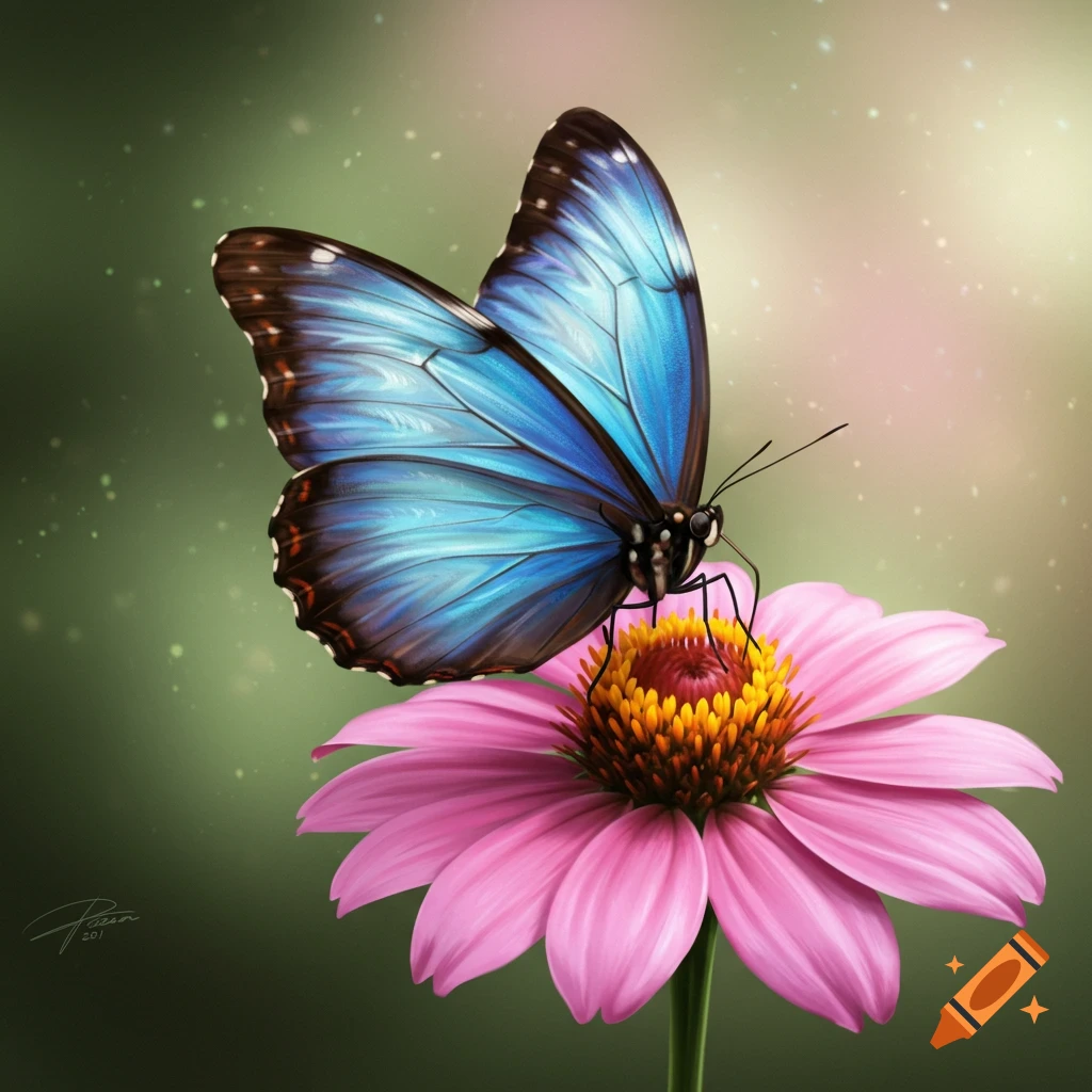 A blue butterfly sits on a pink coneflower.