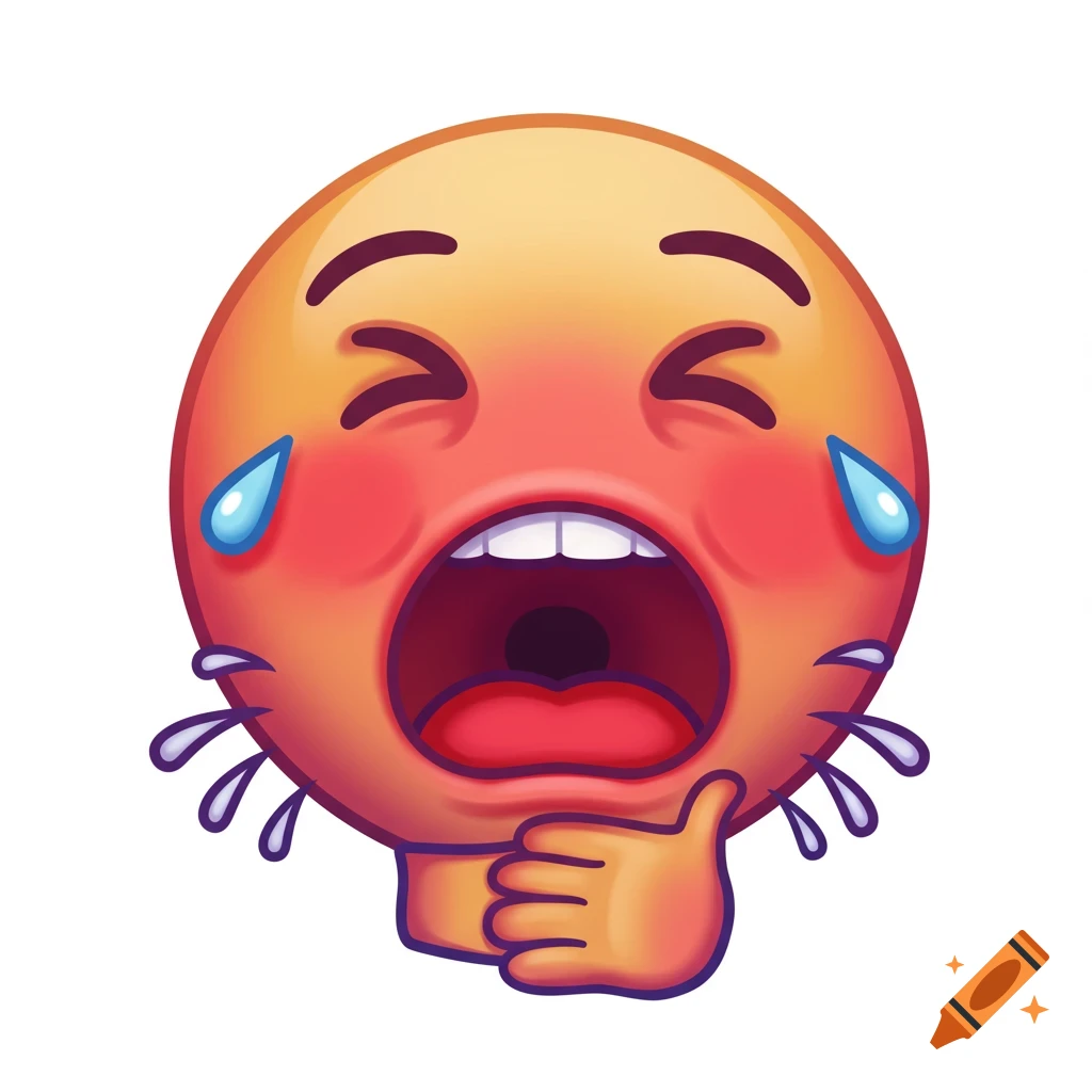 A crying emoji with mouth wide open and tears streaming, clutching its throat in distress.