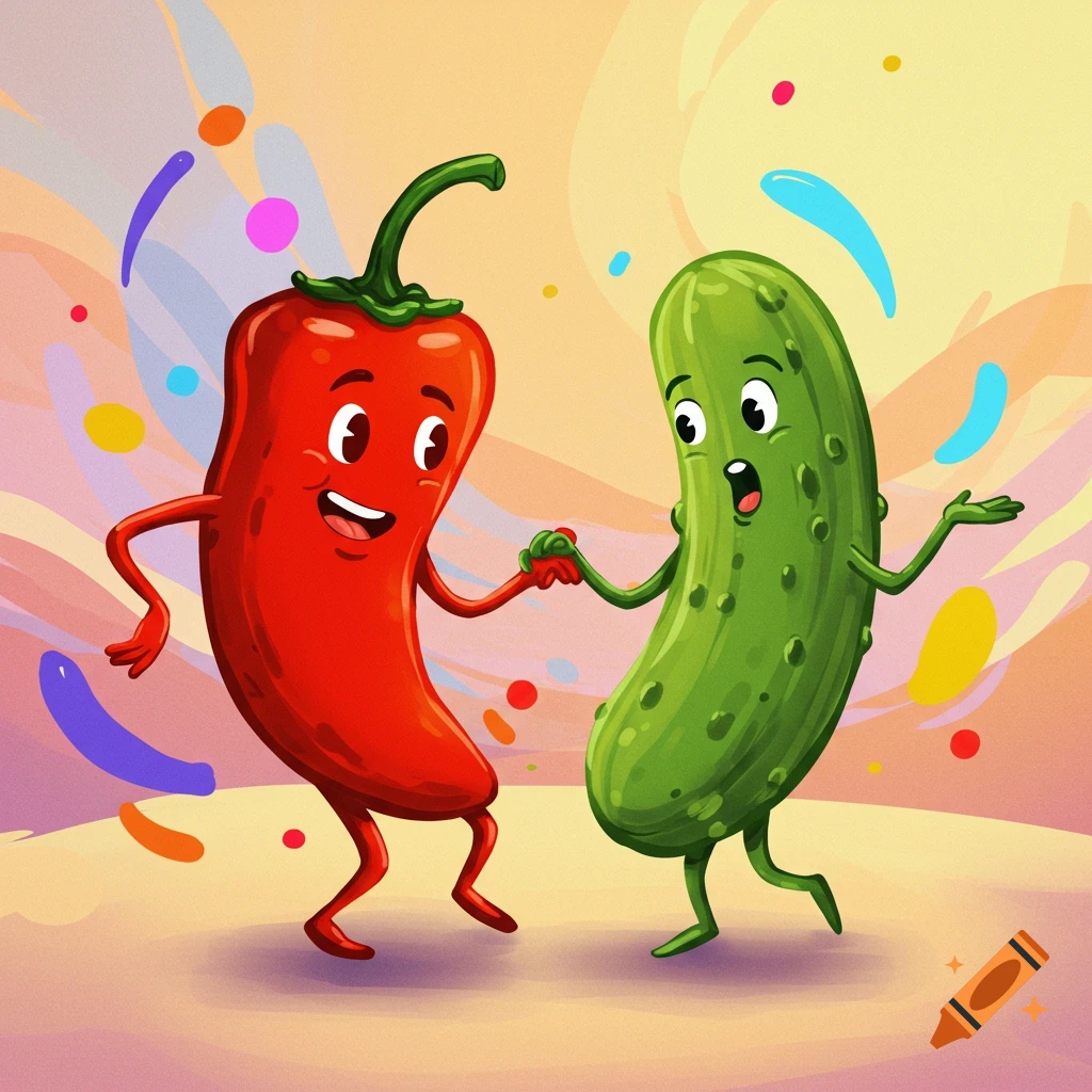 A cartoon pepper and pickle dancing.