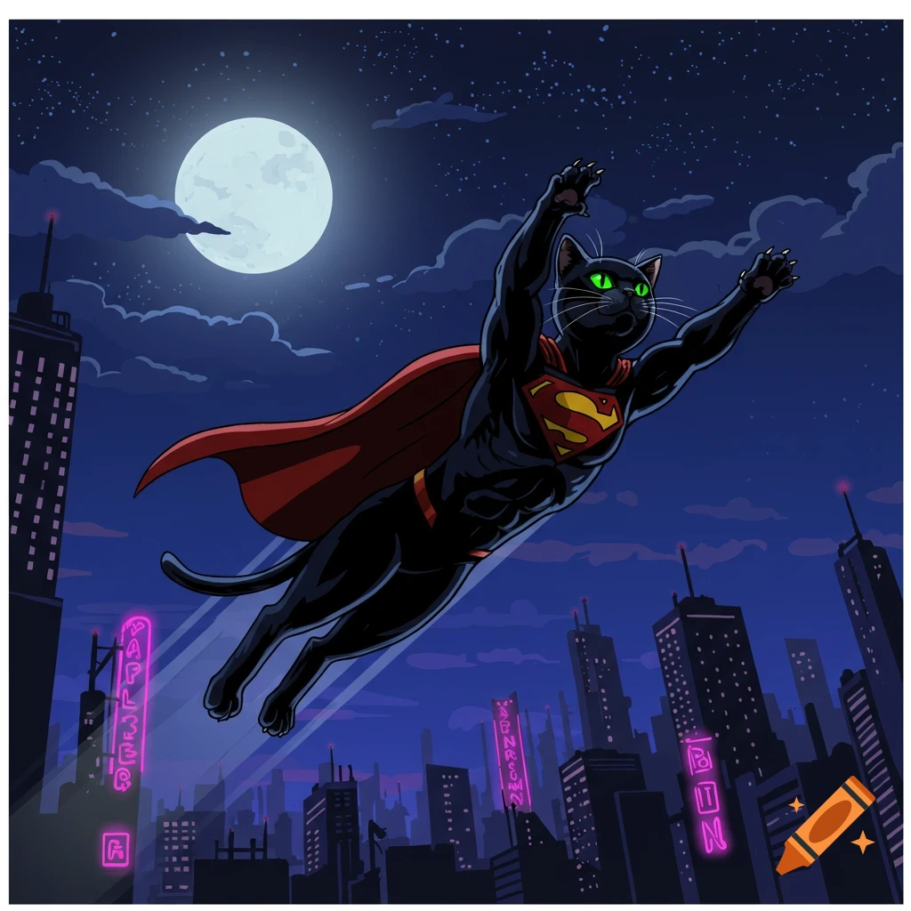 Black cat in superhero costume flying over city at night