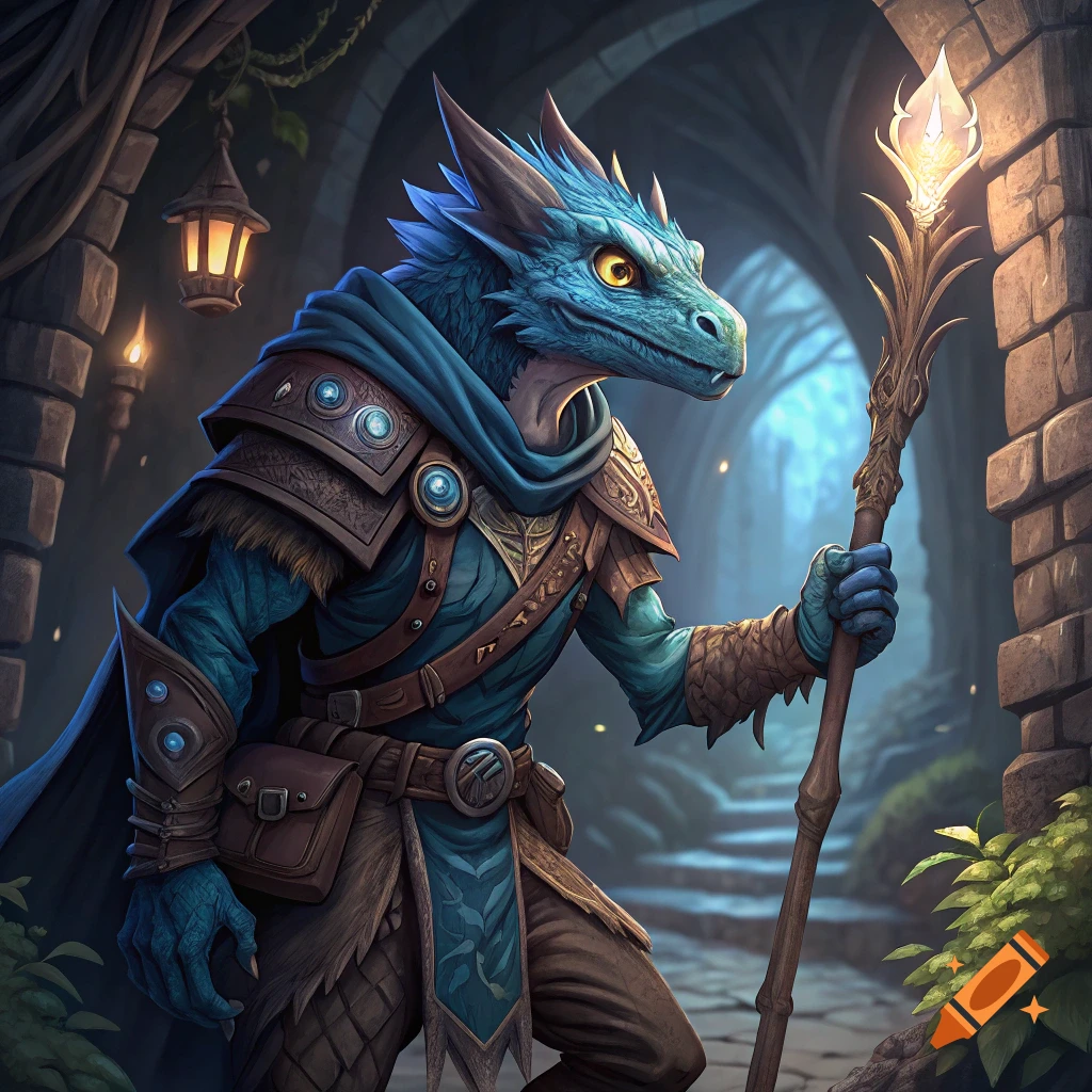 Blue dragon-like creature in fantasy armor holds a glowing staff in a dark dungeon.
