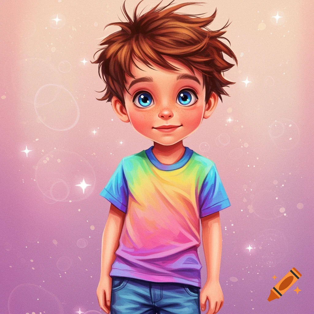 A boy with messy brown hair, blue eyes, and a rainbow shirt, with a soft, sparkly background.