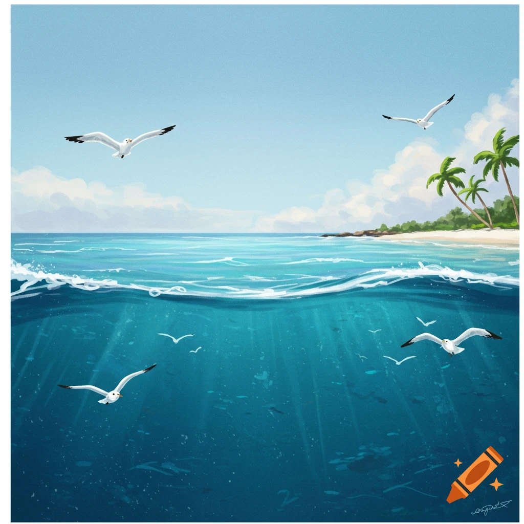 View of a tropical ocean split with seagulls above and below the surface.