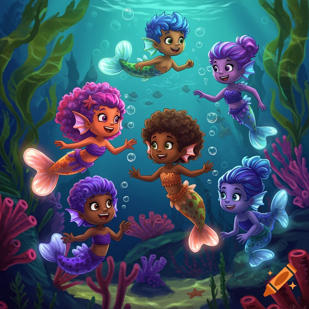 Diverse cartoon mermaids and mermen with colorful hair and tails swim underwater among coral and seaweed.