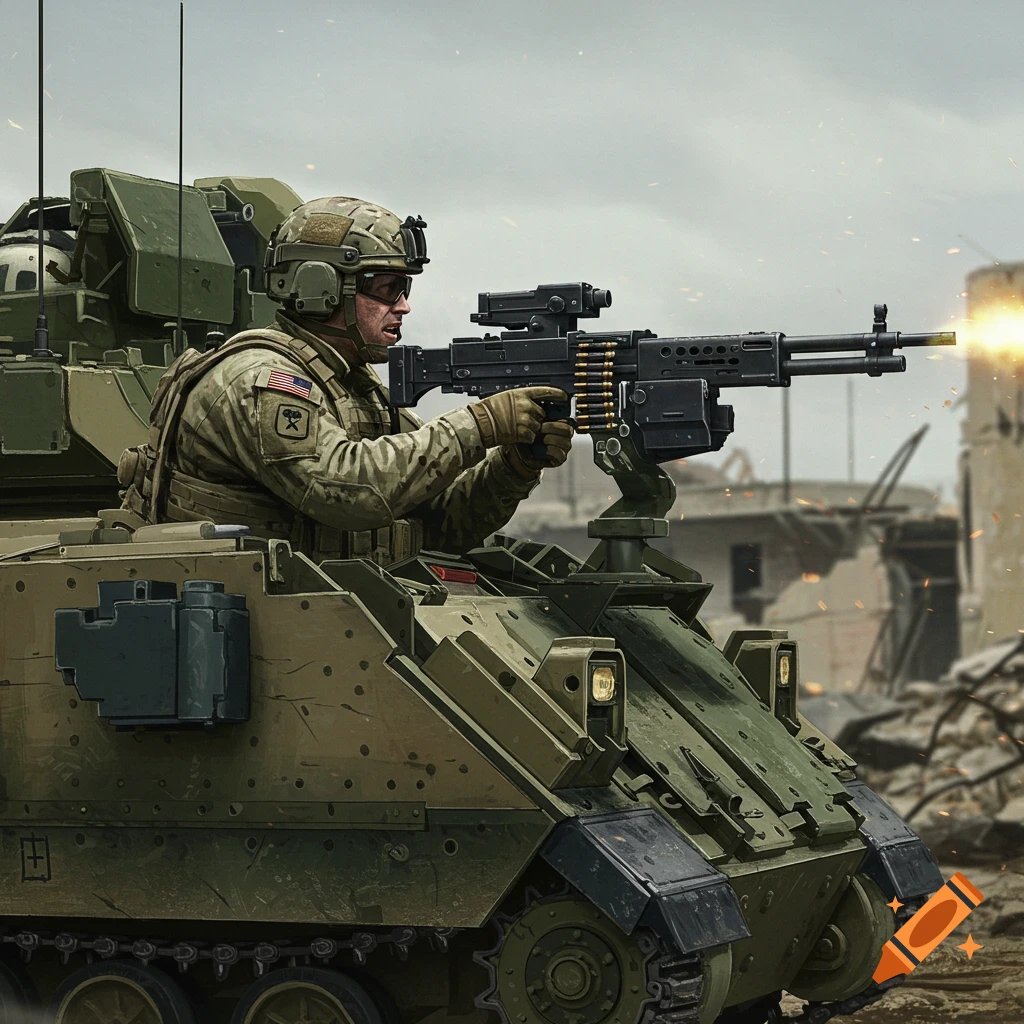 A US Army heavy machine gunner on a military vehicle in a destroyed urban environment.