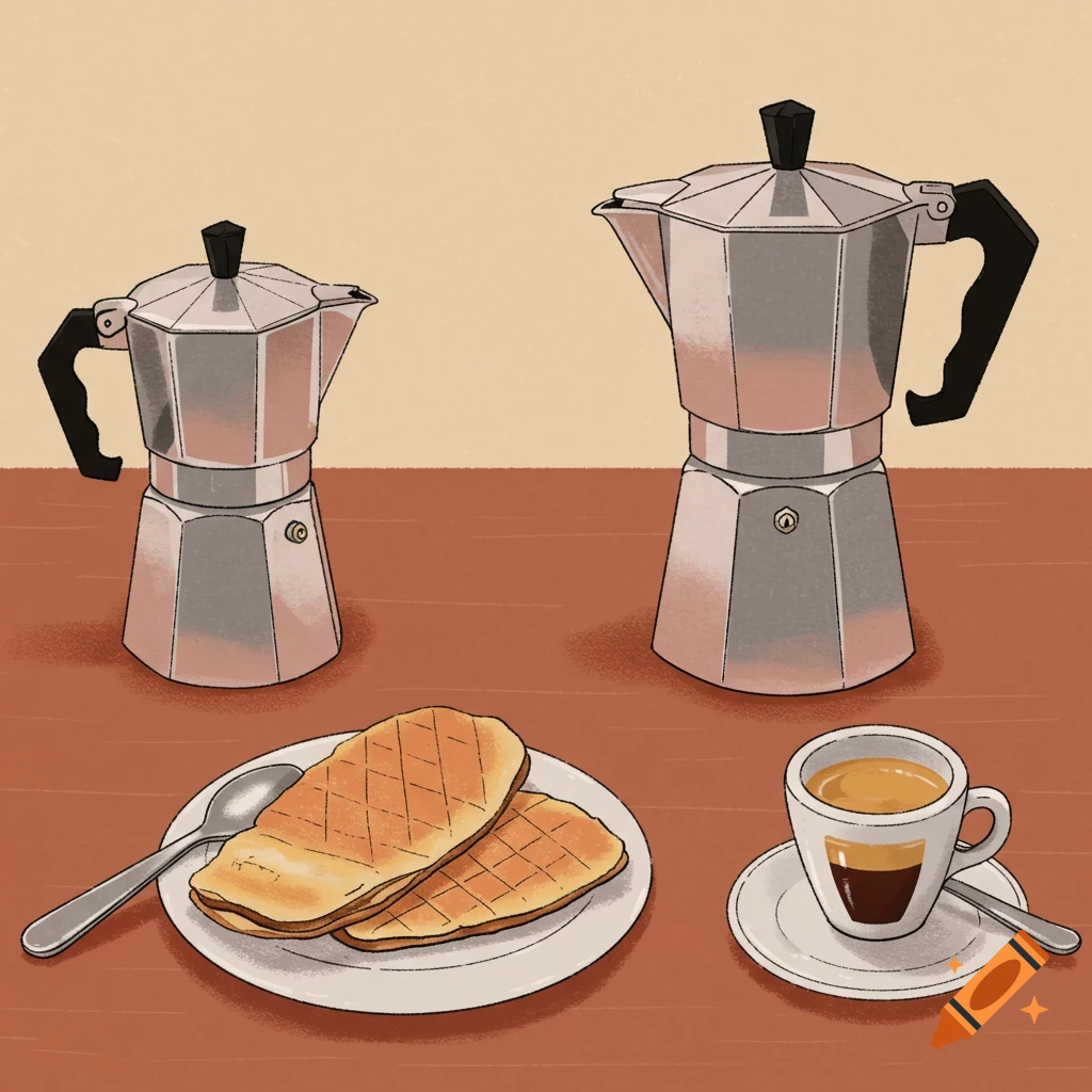Illustration of two moka pots, a plate of bread, and a cup of espresso on a table.