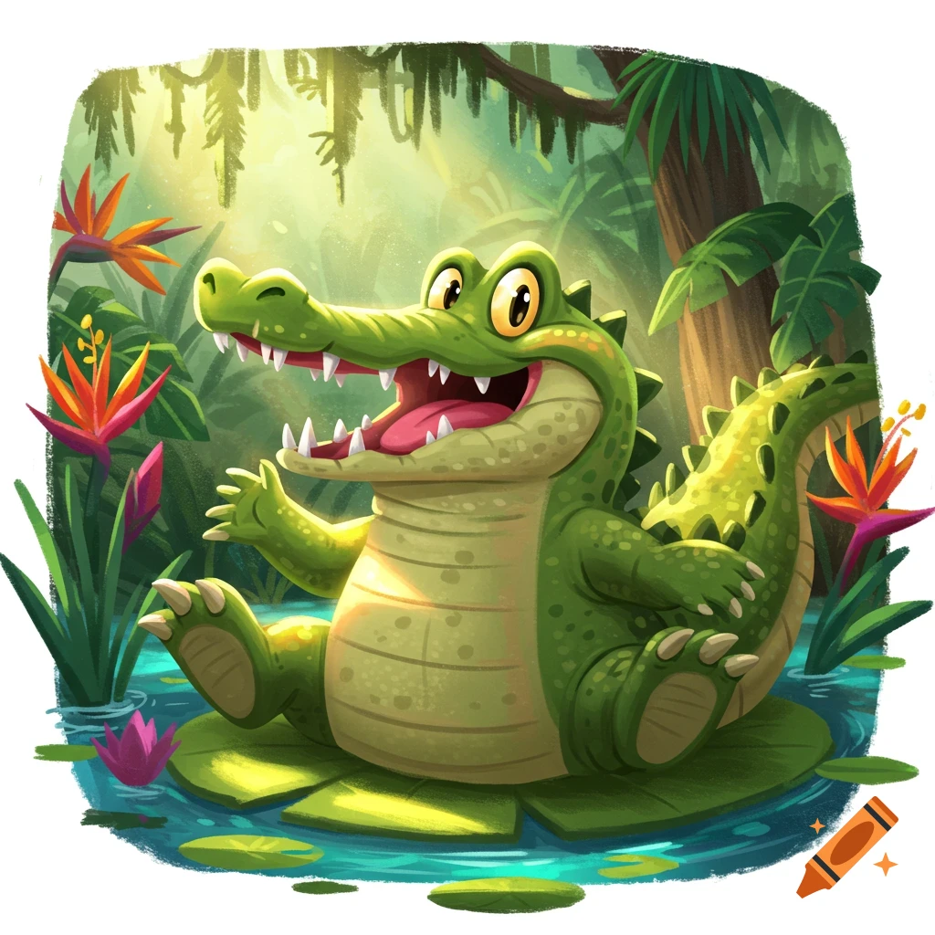 A friendly cartoon alligator sits on a lily pad in a jungle swamp.