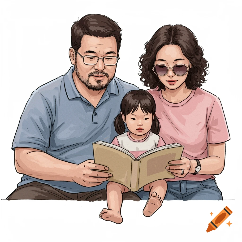 A digital illustration of a Korean family (dad, mom, and child) reading a book together.