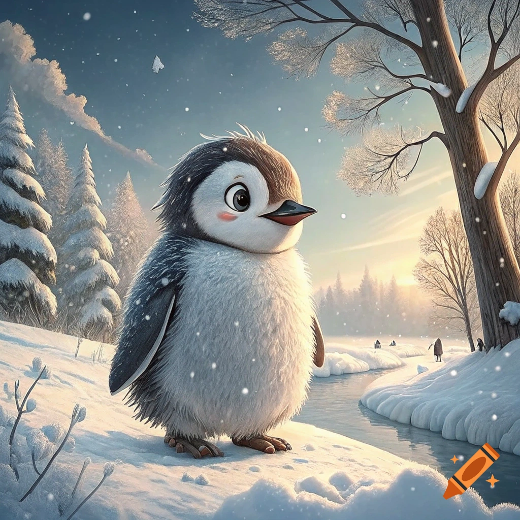 A cute cartoon baby penguin stands in the snow during a winter snowfall with a river and trees in the background at sunset.