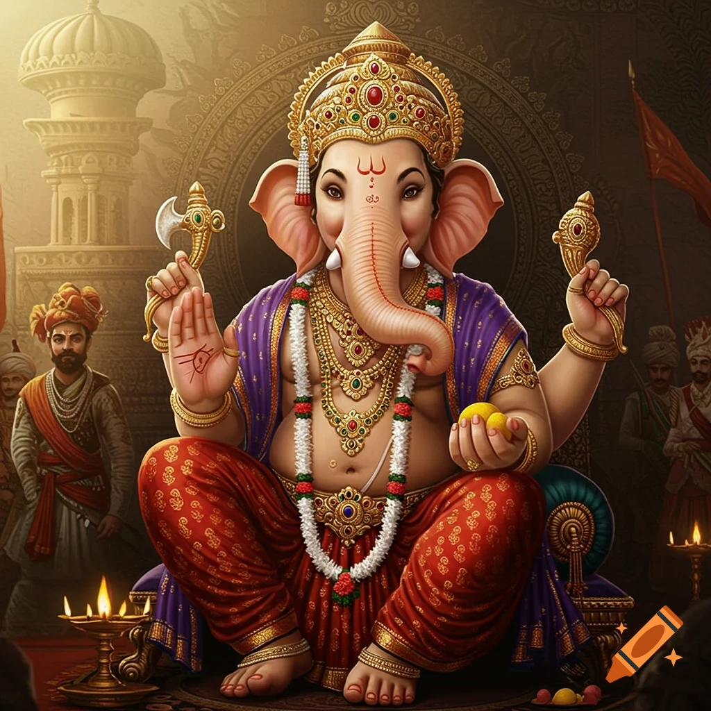 Ganesha seated in a royal hall with attendees.