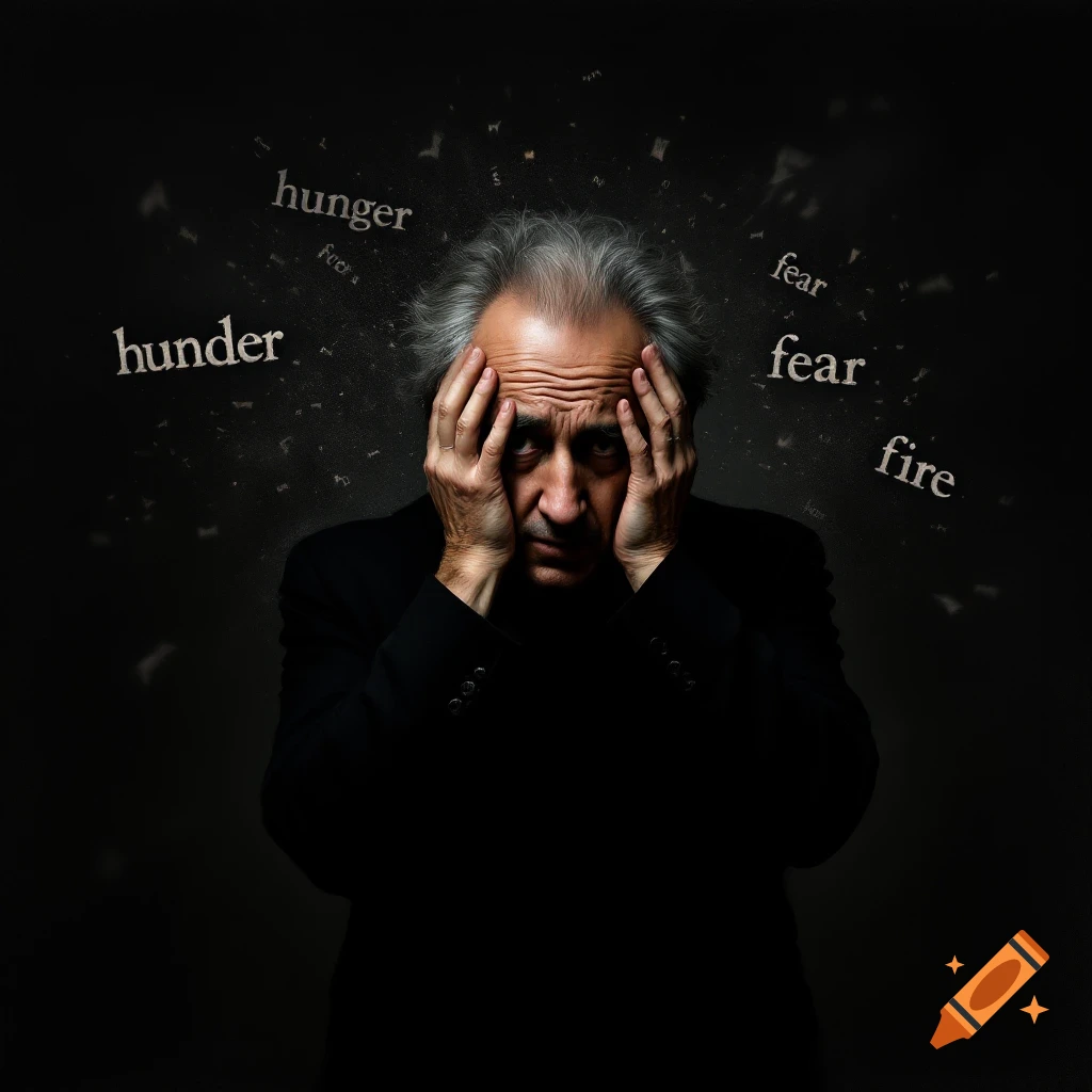 A man with hands on his head, looking distressed, with words like 'hunger', 'fear', and 'fire' floating around him on a dark background.