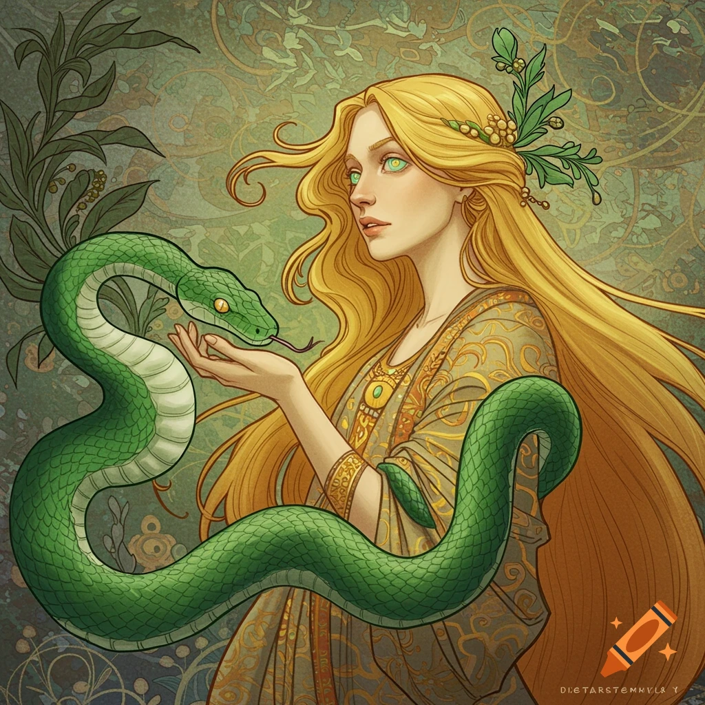 Art Nouveau style painting of a blonde woman holding a green snake.