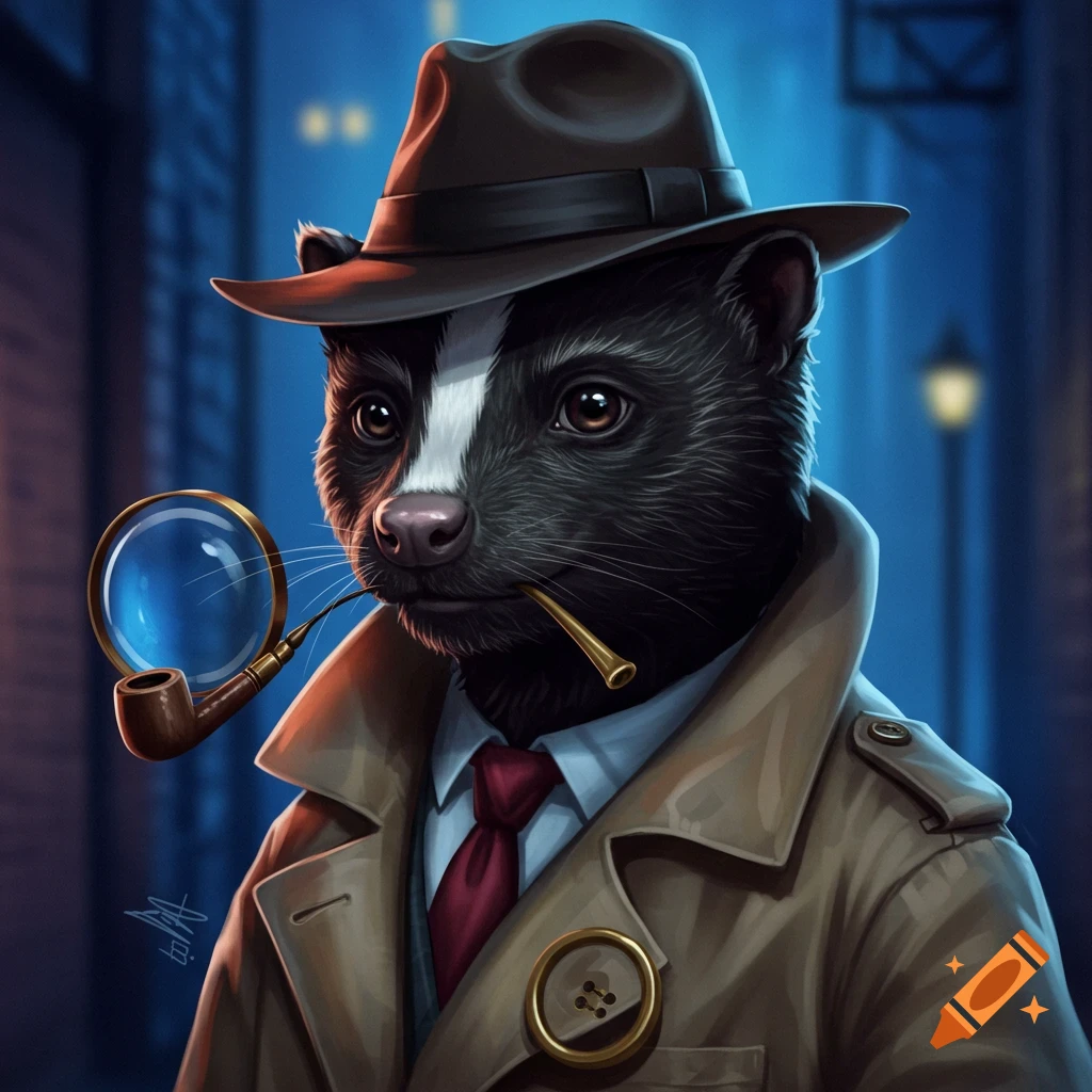 A skunk dressed as a detective is holding a magnifying glass and pipe in a city alley.