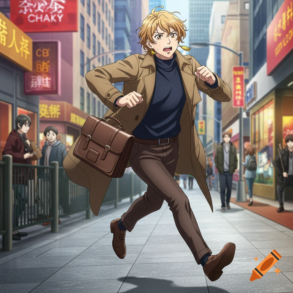Anime style illustration of a young man with blonde hair sprinting down a city street, carrying a brown satchel.