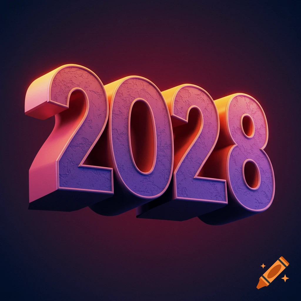 Large 3D numbers '2028' with glowing edges and texture