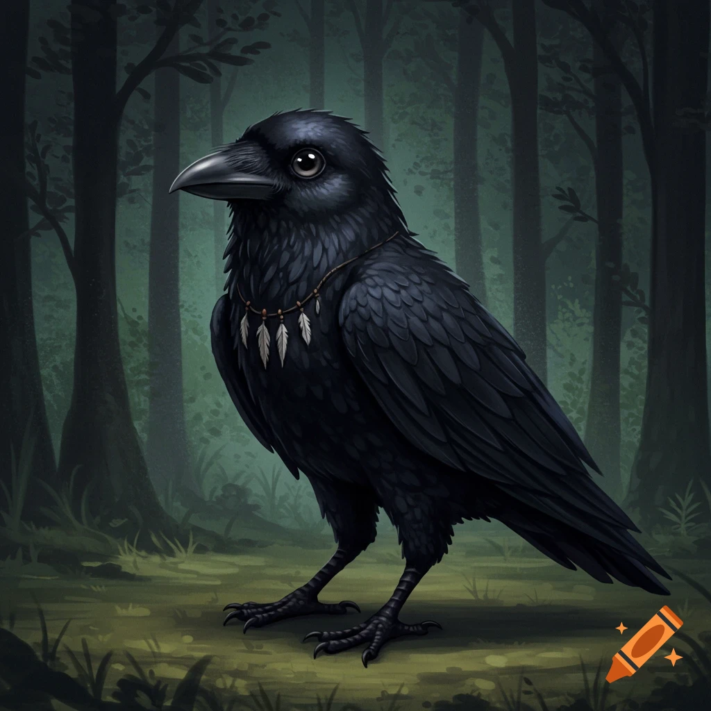 A black raven wearing a feather necklace stands in a dark forest.