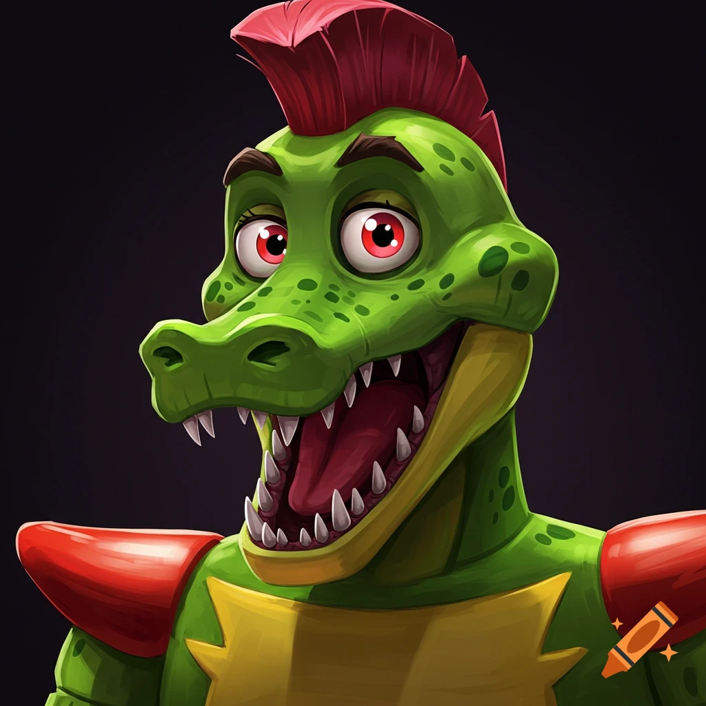A green alligator character is shown with a red mohawk and sharp teeth.