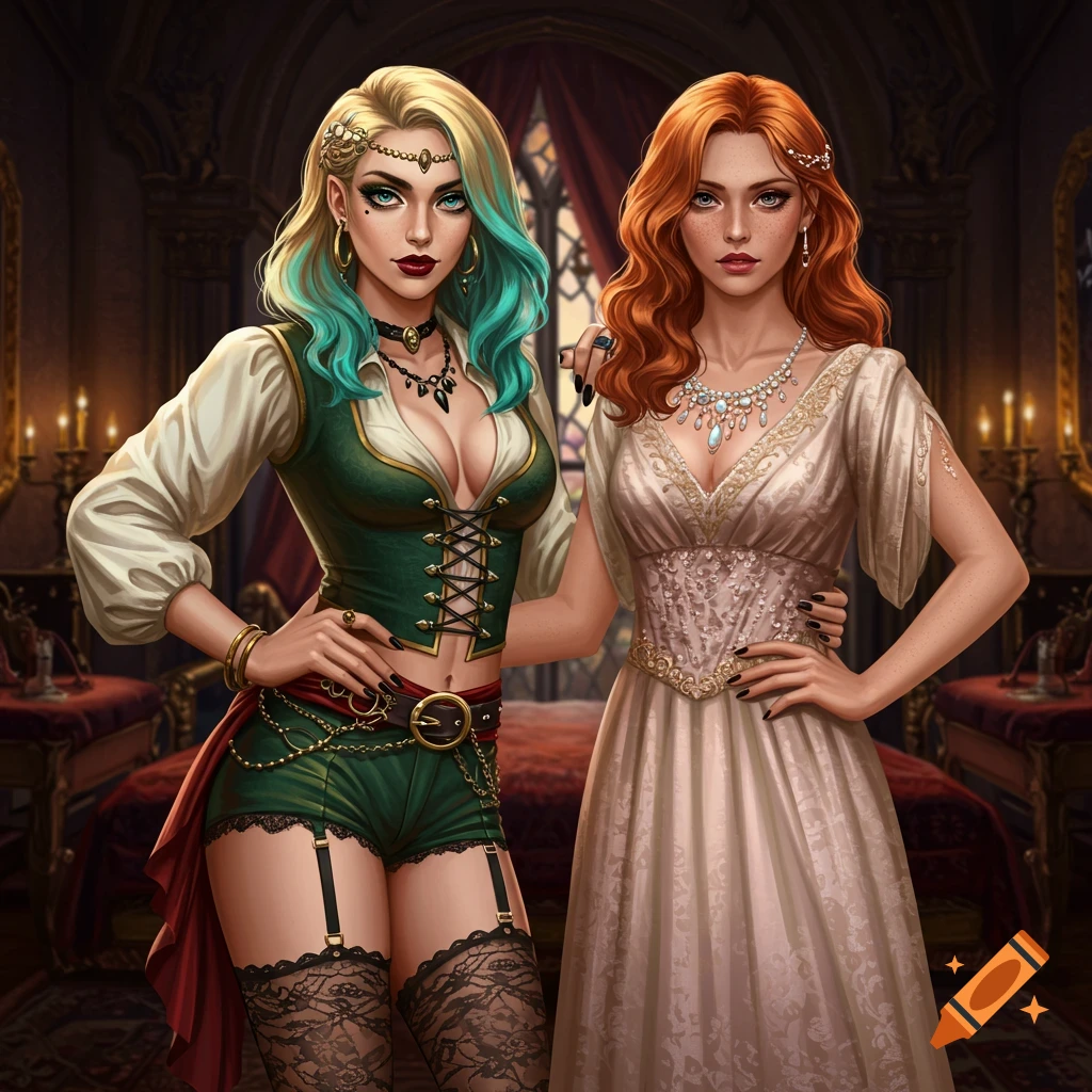 Two women in fantasy attire in a castle bedroom.
