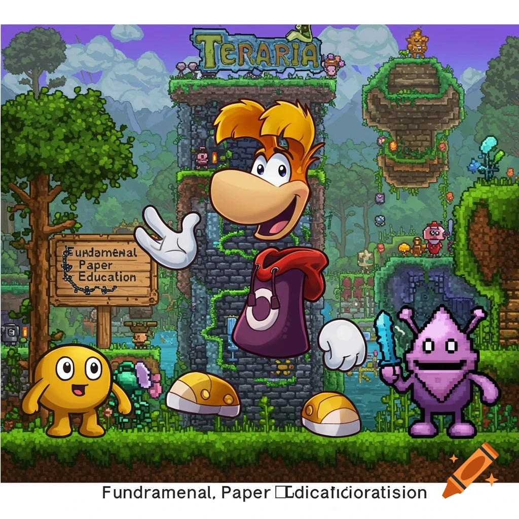 Pixel art featuring Rayman and other characters in a Terraria-style landscape with a building, sign, and monsters.