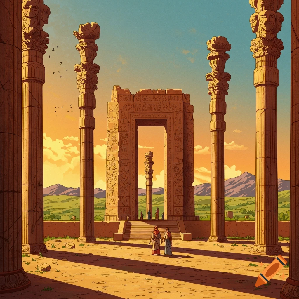 Ancient ruins with tall columns and a gateway under a sunset sky. Two figures stand in the foreground.