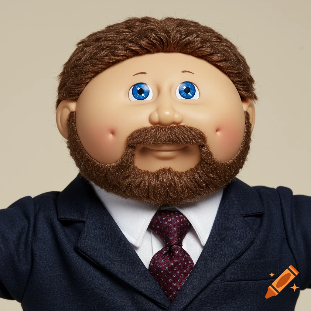 Close-up portrait of a Cabbage Patch doll with a beard, wearing a navy suit and red patterned tie.